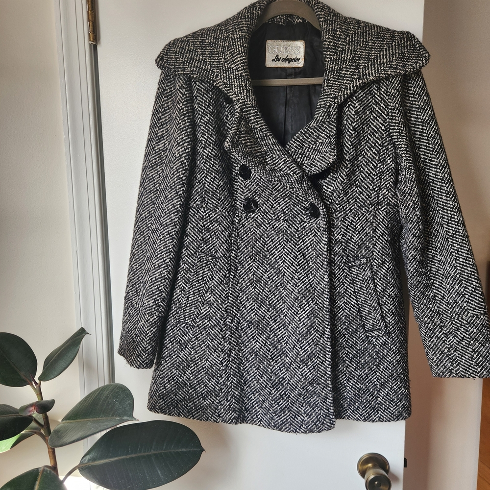 Vintage Guess Los Angeles Herringbone Wool Blend Pea Coat - Sz Petite Large